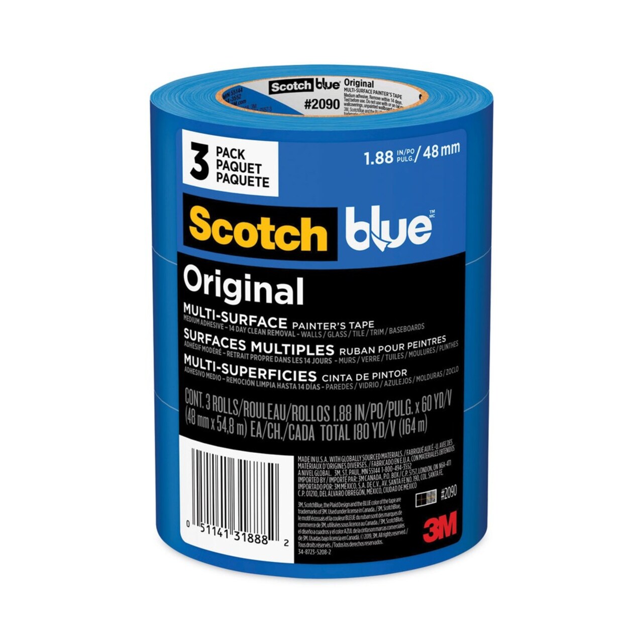 3M 1.88 in. x 60 Yards Original Multi-Surface 3 in. Core Painter's Tape - Blue (3/Pack)